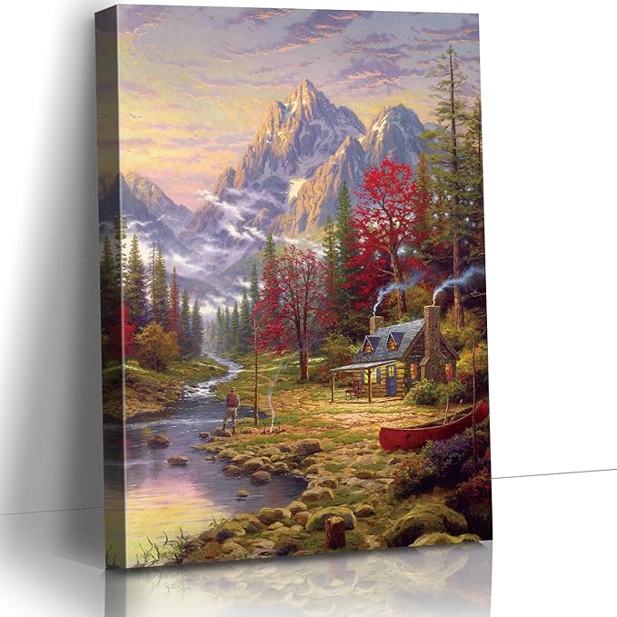 STUDIO HAVEN Thomas Kinkade Canvas Wall Art, Cozy Riverside Home Fishing Figure Red Canoe Sunset Oil Painting Poster Rustic Wilderness Wall Decor, Framed Prints for Home Decor, 16x24Inch