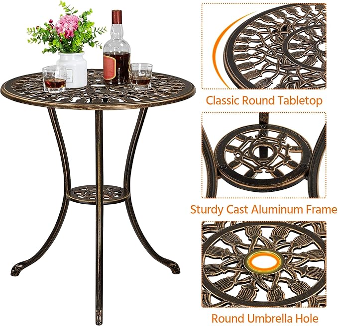 Yaheetech Patio Bistro Sets 3 Piece, Outdoor Rust-Resistant Cast Aluminum Garden Table and Chairs, Bronze