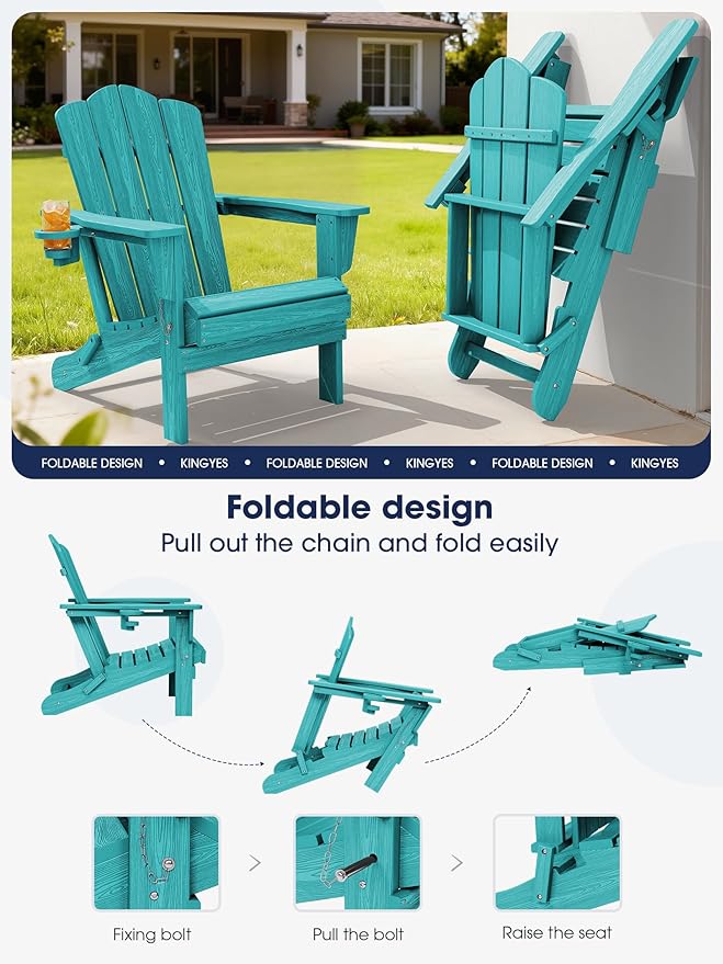 KINGYES Folding Adirondack Chair Set of 4, HDPE All-Weather Patio Chairs with Cup Holder, Wooden Textured Fire Pit Chairs for Poolside, Backyard, Deck, Aruba