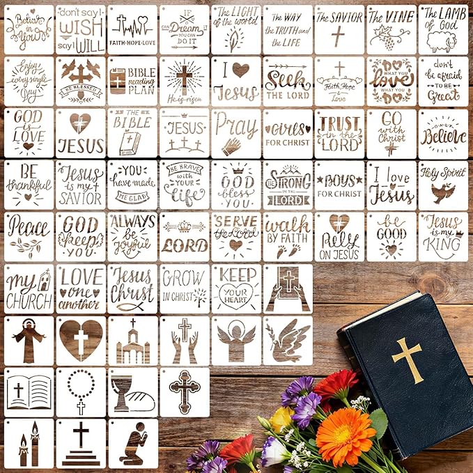 64 Pieces Small Bible Verse Stencils for Painting on Wood, 3 Inch Reusable Christian Stencil for Crafts, Plastic Motivational Quotes Word Template for Wall Rock Sign Canvas Home Decor(Bible)