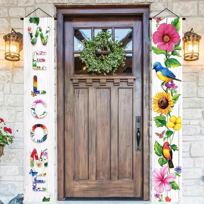 2 Pcs Welcome Floral Porch Banners Spring Bird Flower Hanging Flag Porch Sign for Front Door Outdoor Seasonal Holiday Wedding Yard Decor Farmhouse Indoor Outdoor Wall Backdrop Decorations