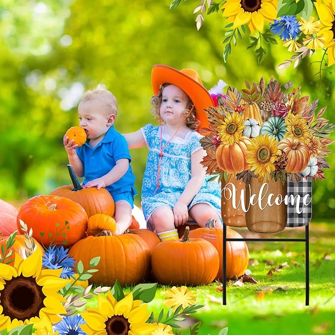 Amyhill 1 Pcs Outdoor Decor Garden Stakes 25 Inch Welcome Yard Signs Decorations Outdoor Decorative Garden Stakes Decorations Patio Lawn Walkway (Fall)