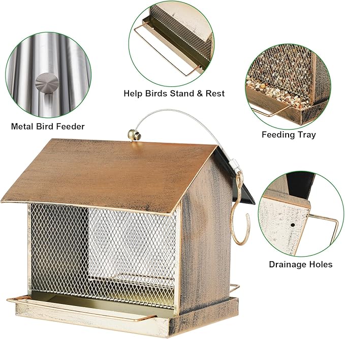 Bird Feeder, Heavy Duty Metal Wild Birdfeeder with Buckle for Outdoor Garden Yard Outside Hanging, House Shape Large Capacity