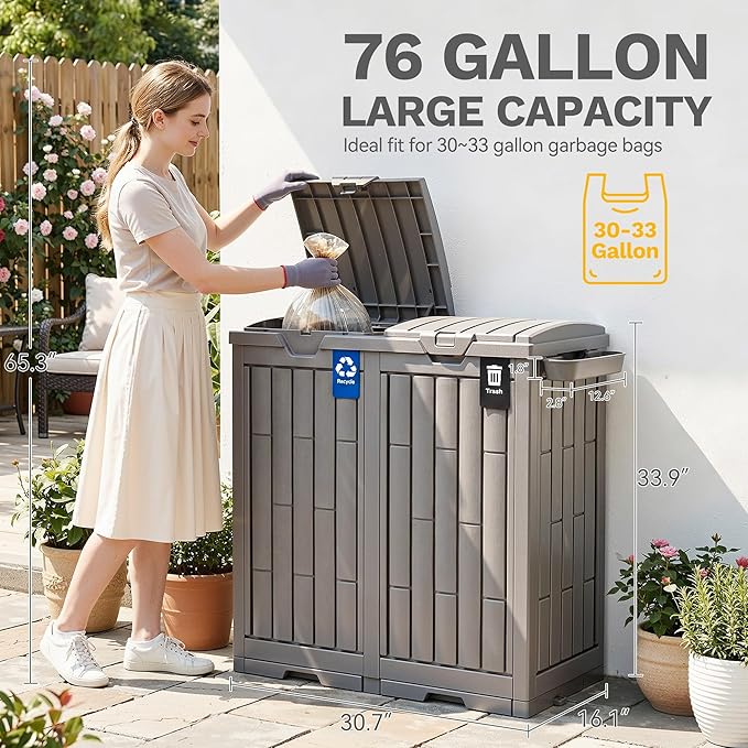 DWVO 76 Gallon Outdoor Trash Can, Dual-Compartment Resin Garbage Bin with Lid, Includes 2 Sorting Labels, Ash Holder, Stakes & Suction Cups, Hideaway Storage for Patio Backyard Garden, Light Brown