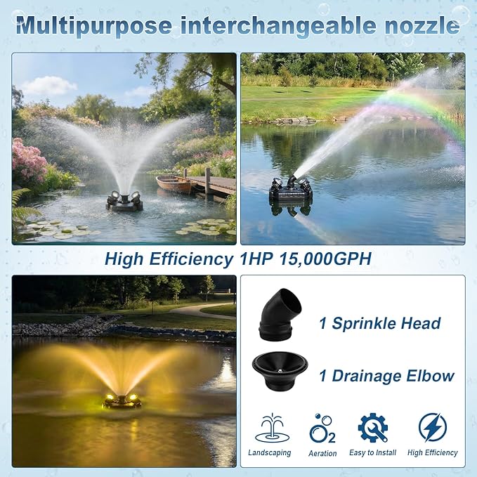 Upgraded Pond Fountain Aerator with 4 Color-Changing Mood Lights, 1HP 750W 110V 15000 GPH, Stainless Steel Body, 100ft Cord & Timer for Ponds & Lakes