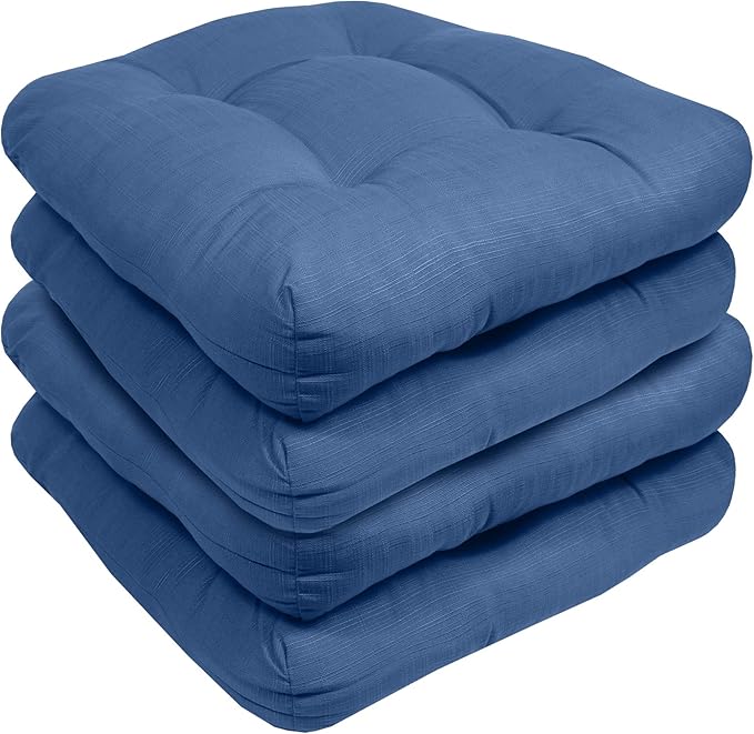 Sweet Home Collection Patio Cushions Outdoor Chair Pads Premium Comfortable Thick Fiber Fill Tufted 19" x 19" Seat Cover, 4 Count (Pack of 1), Blue
