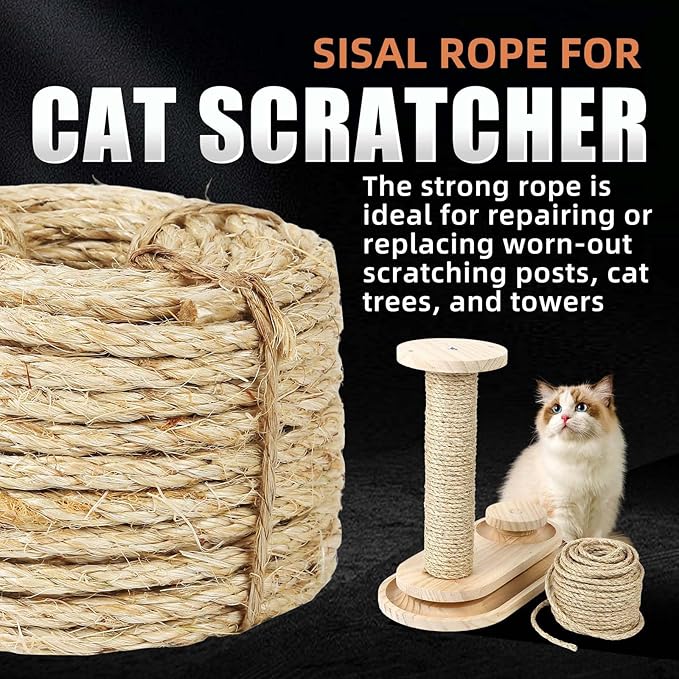 Twisted Sisal Rope 1/4" x 100ft - All Natural Chemical Free, Cat Tree Rope Twine for Scratching Post Repair, Replacement, and Crafts Gardening Home Decorating