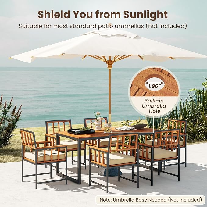 Tangkula 7 Pieces Patio Dining Set, Outdoor Acacia Wood Table and Chairs with Soft Cushions and 1.96” Umbrella Hole for Backyard, Garden, Poolside (Beige)
