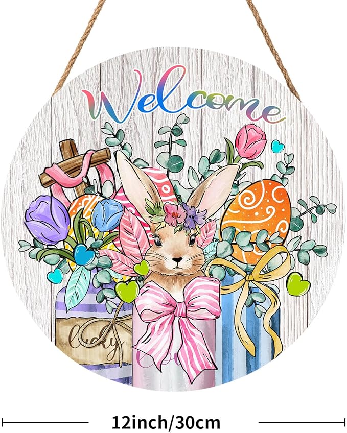 Welcome Easter Bunny Eggs Door Sign For Front Door Decor,Mason Jar Tulip Religious Cross Rabbit Carrot Wooden Sign 12"x 12" Round Easter Hanging Door Sign Decoration for Wall Rustic Decor