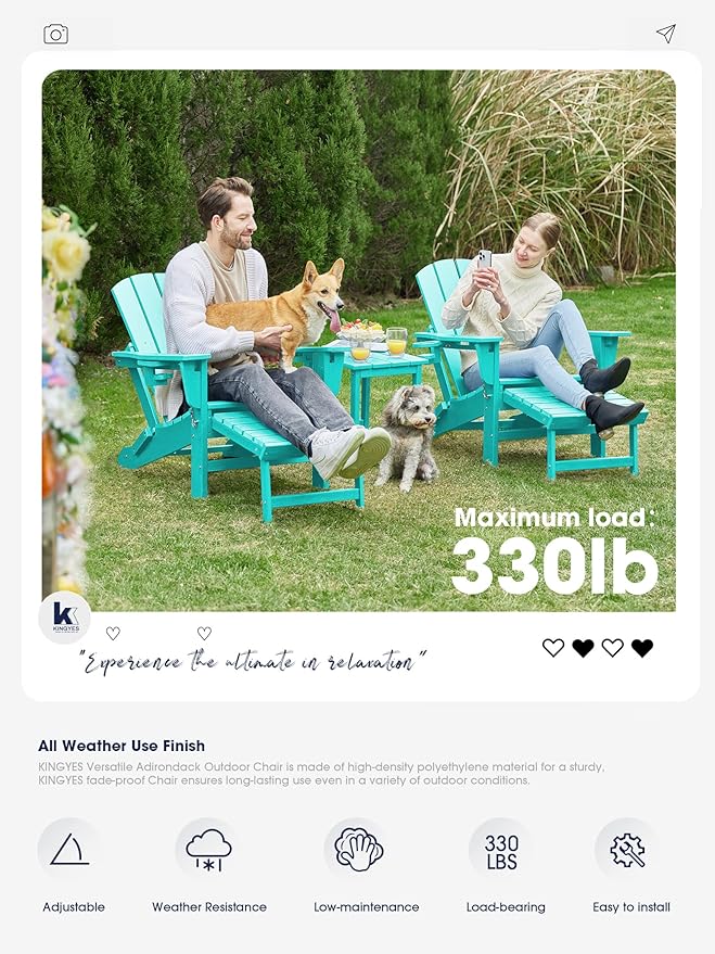 KINGYES Folding Adjustable Adirondack Chair with Ottoman & 2 Cup Holders, HDPE Adirondack Recliner Chair with Footrest, Aruba