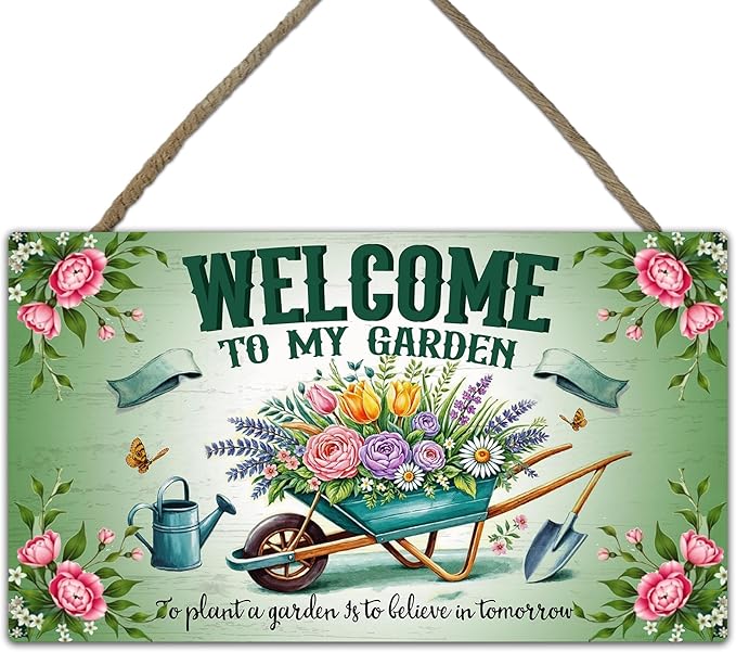 Welcome To My Garden Sign - Green Wooden Hanging Spring Decor for Country Rustic Garage Home Farmhouse Wall Fence Decor Garden Gift for Mothers, Grandmas, and Plant Lovers -A01