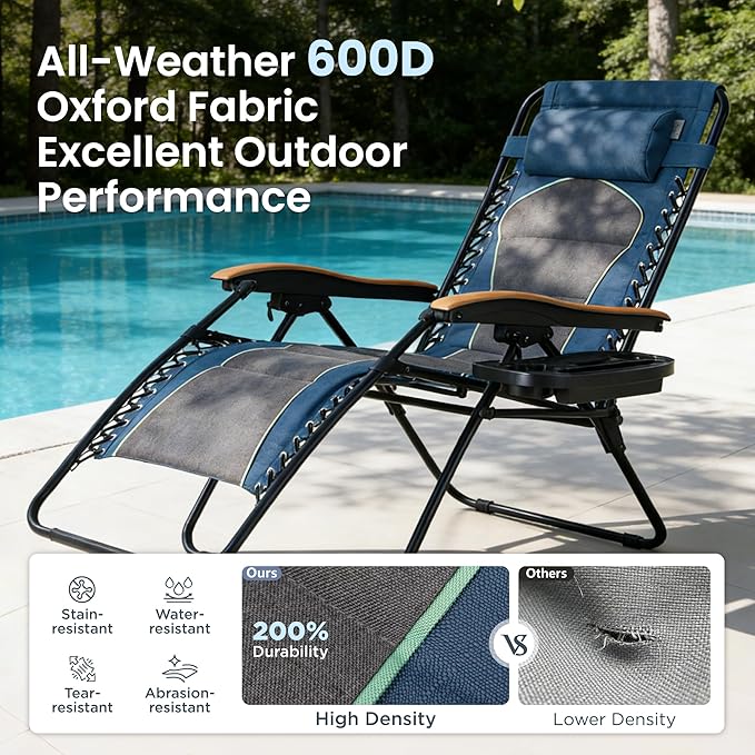 PHI VILLA XXL Oversized Padded Zero Gravity Chair Set of 2, Foldable Patio Recliner, 30" Wide Seat Anti Gravity Lounger with Armrest and Cup Holder, Support 400 LBS (Blue Accents)
