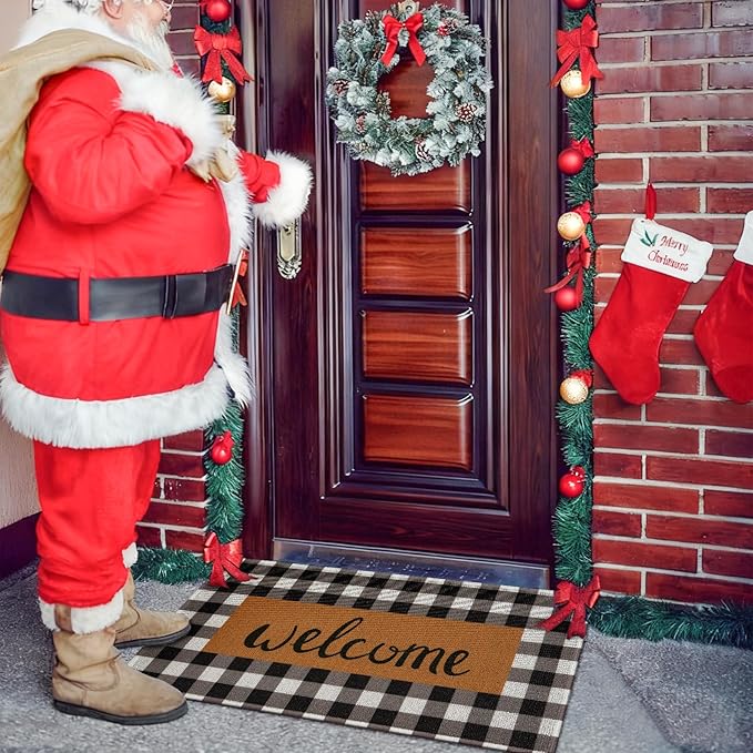 UINI Welcome Mat Outdoor Indoor Door Mats, Heavy Duty Buffalo Plaid Welcome Front Door Mat, Non Slip Durable Entrance Rugs for Outside Entry, Porch, Resist Dirt, 17"x 30"