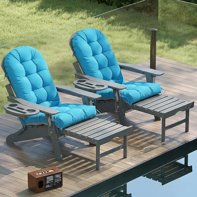 Adirondack Chair Cushion Set of 4, Thickened Patio Chair Cushions with Ties, Waterproof and UV-Protected Rocking Chair Cushion for Indoor and Outdoor, Lake Blue.