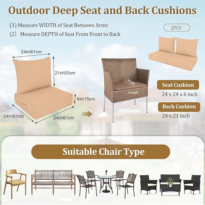 Outdoor Deep Seat Cushion Set, Fade Resistant Patio Chair Cushions, 24x24x6 Inch Patio Sofa Furniture Pad with Removable Cushion Covers (Khaki, 24''Lx24''Wx6''H-2pcs Set)