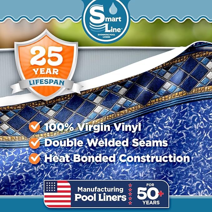 Smartline 15 ft Round Swimming Pool Liner | Island Tile | Unibead Style | 52 Inch Wall Height | 25 Gauge Heavy Duty Virgin Vinyl | Designed for Steel Sided Above Ground Pools