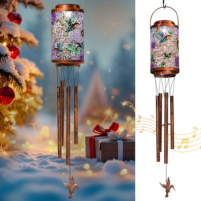 Hummingbird Solar Wind Chimes for Outside, Solar Lanterns Gifts Outdoor Waterproof Garden Lights for Balcony, Porch, Backyard, Birthday Gifts for Mom Grandma Wife (1Pack)