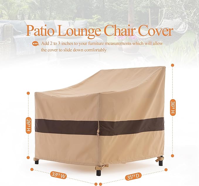 WJ-X3 Patio Chair Cover, Outdoor Lounge Cover, Heavy Duty, Waterproof Lawn Chair Covers, 33W x 35D x 36H, Beige/Coffee, 2-Pack