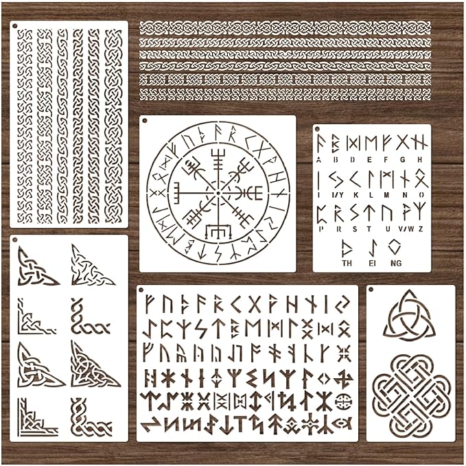 Runes Stencils for Painting on Wood Stones Reusable Celtic Border Ancient Alphabet Viking Symbol Stencils for Crafts Canvas Furniture Wall Drawing Card Making Pattern Decorative (Runes)