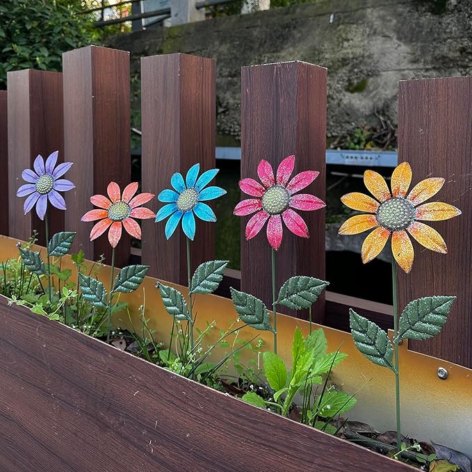 Metal Flowers for Outside,5 Pack 16.15" Decorative Garden Stakes with Swaying Flowers Head Yard Art,Spring Garden Decor for Lawn, Pathway & Yard