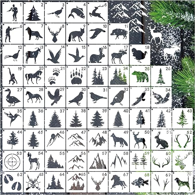 70pcs Wildlife Animal Stencils for Painting, Wood Burning, Nature Stencil Bear, Tree, Deer, Art Craft Canvas, Furniture Wall (70 Animal)