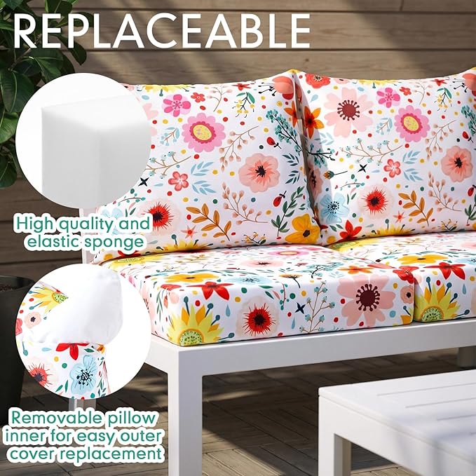 Hoteam 4 Set Outdoor Chair Patio Cushions Deep Seat Waterproof Chair Cushions 20 x 20 Inch for Patio Furniture Set Replacement Removable Seat and Back(Watercolor Flowers)