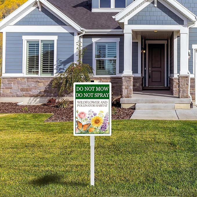 Do Not Mow Do Not Spray Wildflower and Pollinator Habitat Yard Sign With Stakes Rustproof Reflective Aluminum Pollinator Friendly Garden Sign Stand Outdoor 8x12 In