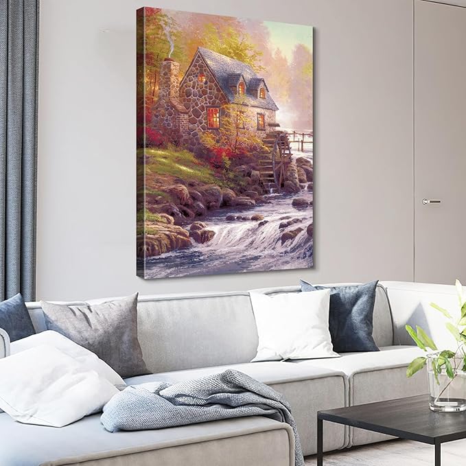 STUDIO HAVEN Thomas Kinkade Canvas Wall Art, Stone River Home Glowing Windows Water Wheel Autumn Foliage Oil Painting Poster Rustic Riverside Wall Decor, Framed Prints for Home Decor, 32x48Inch