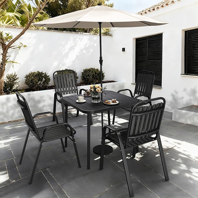 Pamapic Outdoor Dining Sets for 4, Square Table with Adjustable Umbrella Hole with 4 Plastic Chairs, 5 Piece Patio Table and Chairs Set for Garden, Backyard, Poolside and Lawn (Black)