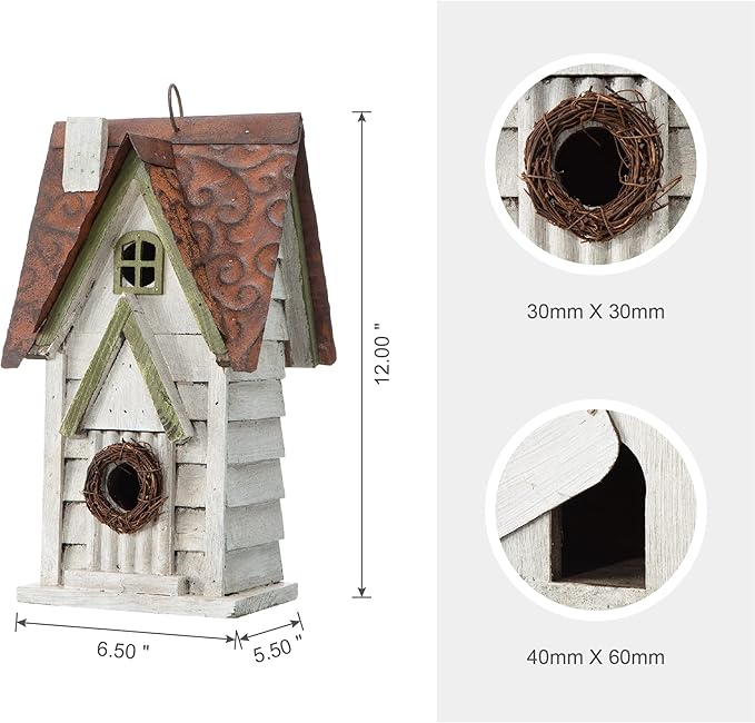 Glitzhome GH90086 Hanging Distressed Wooden Garden Cottage Birdhouse, White