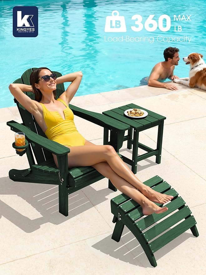 KINGYES Folding Adirondack Chair Set of 4, HDPE All-Weather Folding Adirondack Chair, Green