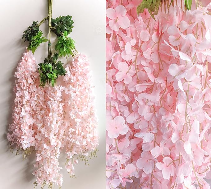 108pcs Artificial Wisteria Flowers 3.6 Feet/Piece Pink Dense Artificial Fake Wisteria Vine Ratta Hanging Garland Silk Flowers String Home Party Wedding Decor（Pink-Dense）