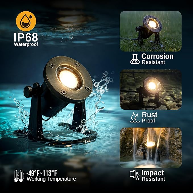 Gardenreet Solid Brass Underwater Pond Light - 12V Low Voltage IP68 Submersible Bronze Fixture, with 2700K MR16 LED for Outdoor Pond Fountain Waterfall Landscape Lighting(12 Pack)