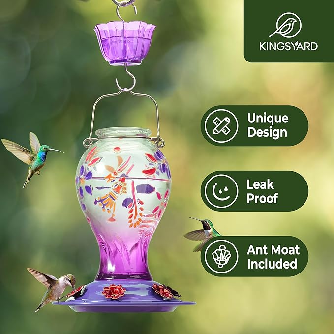 Kingsyard Glass Hummingbird Feeder for Outdoors Hanging - 26 oz Leak Proof Nectar Feeder with 6 Feeding Ports & Ant Moat for Garden Backyard Decor, Purple
