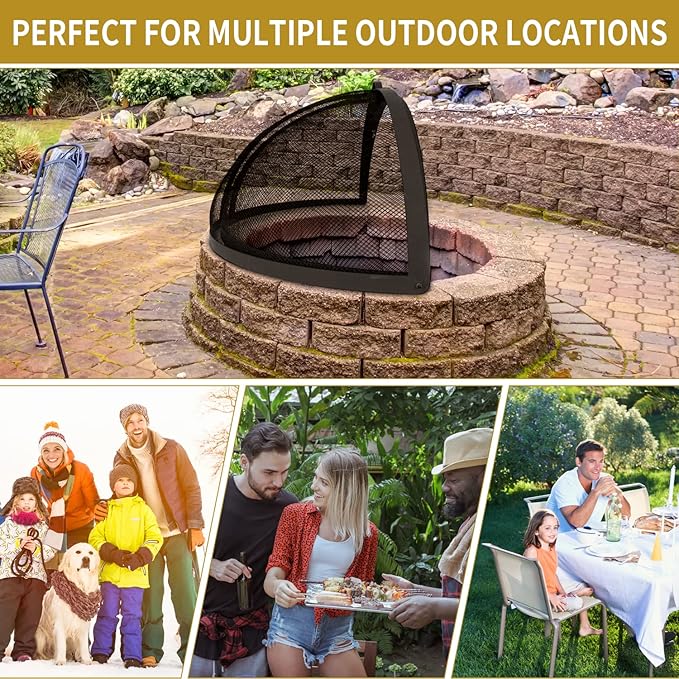 Outdoor Fire Pit Spark Screen Cover Accessory, 36In Patio Round Easy-Opening Fire Mesh Screen Guard, Heavy Duty Steel Firepit Ember Lid with Hinge