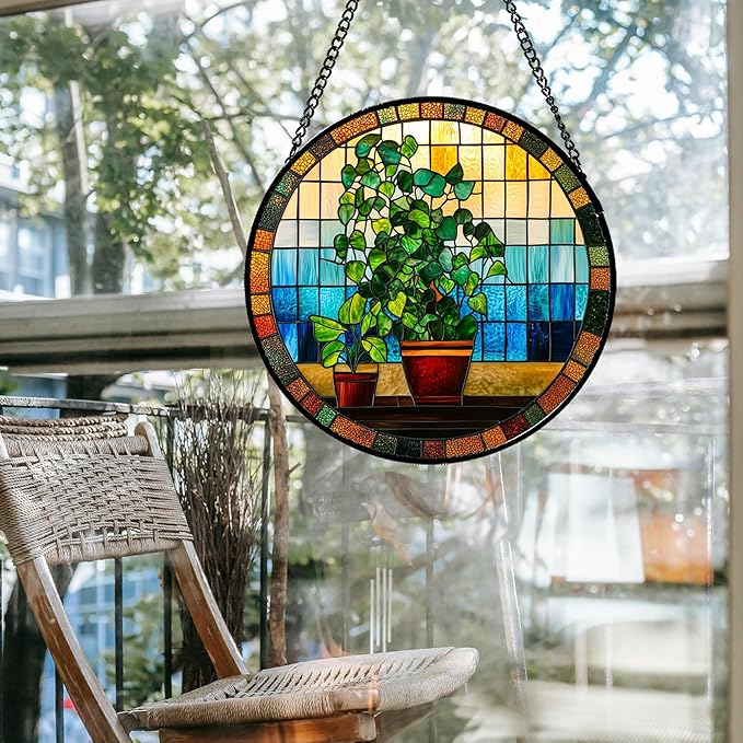 Stained Glass Window Hanging Green Potted Plants 6.3" - Suncatcher Door Garden Sun Catcher Retro Home Decor Birthday Christmas for Mom Men Woman Nana Friend