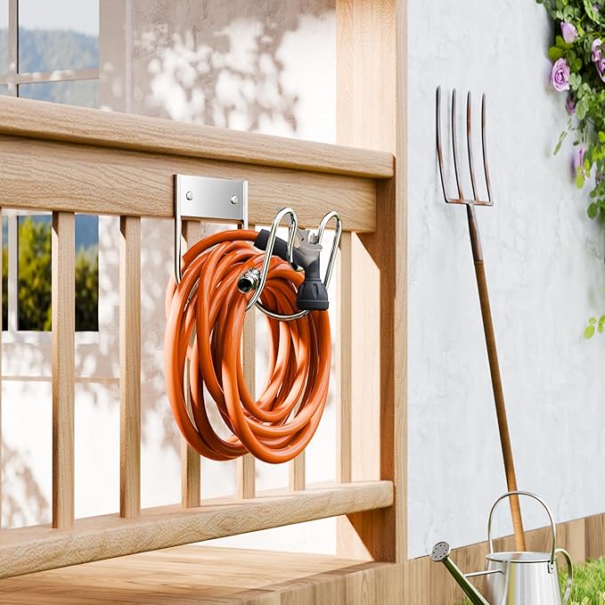 Stainless Steel Garden Hose Holder - Extra Large Heavy Duty Silver SS304 Wall Mounted Hanger for Water Hose, Extension Cords, Vacuum Lines, Anti-Rust (2 Pack)