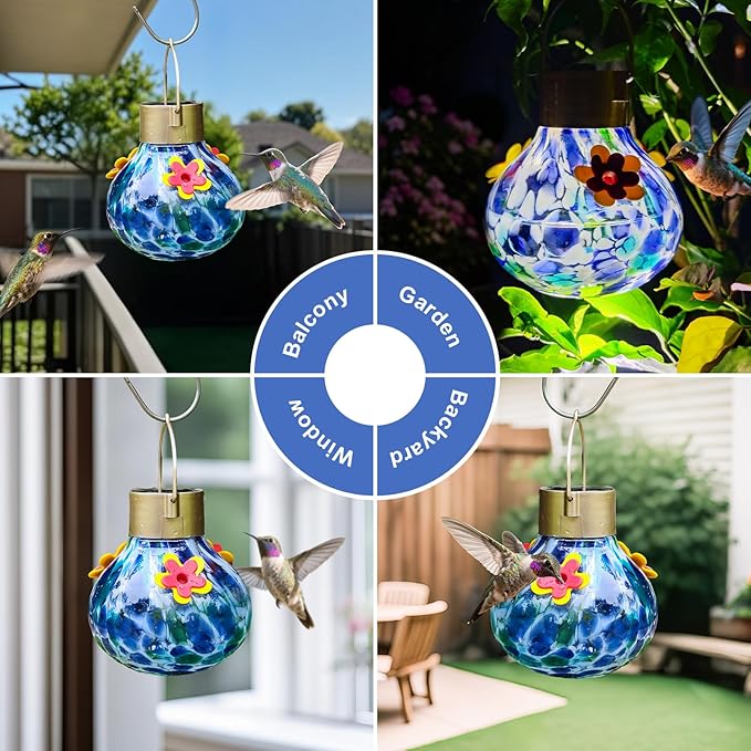 Hummingbird Feeder with Solar Light, Glass Hummingbird Feeder for Outdoors, Auto-Lighting Solar Light for Garden Decor, 3 Ports Attract More Birds, Waterproof Lamp, Ideal Gift, Blue