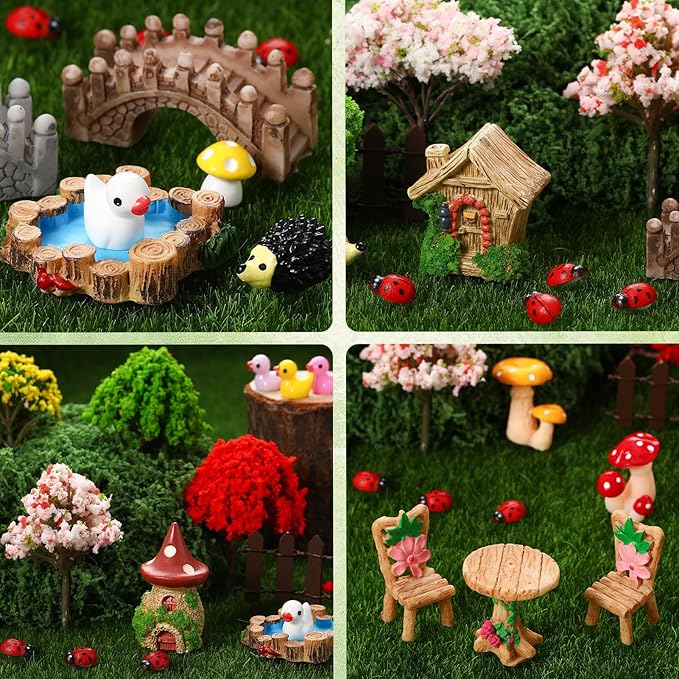 68 Pcs Fairy Garden Accessories Mini Resin Animals Figures Miniature Ducks Mushroom Ladybug Table and Chairs Bridge Pond Fence Moss Bonsai Landscape Ornaments Kit for Garden DIY Craft
