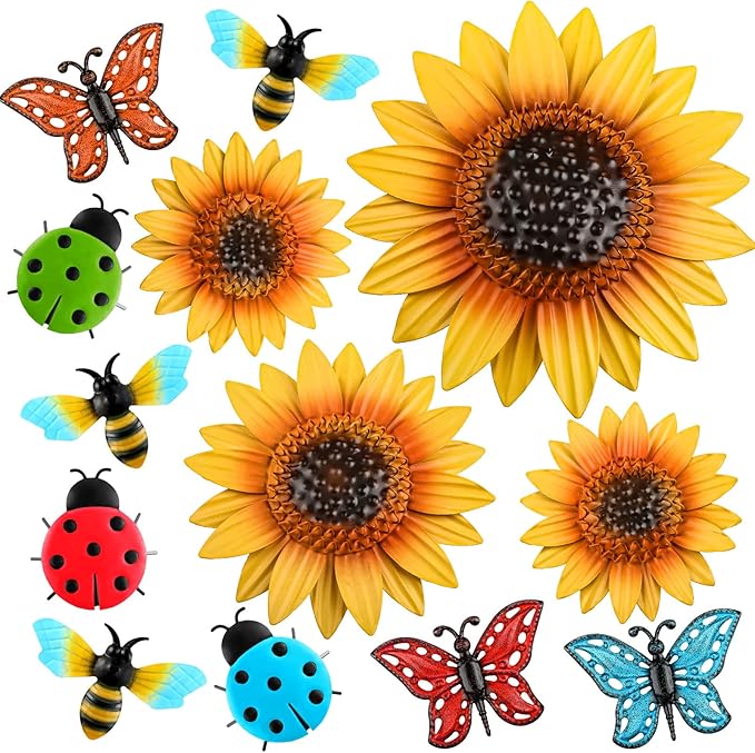 Sweetude 12 Pcs Metal Sunflower Wall Decor Colorful Metal Dragonfly Butterfly Outdoor Decor Garden Fence Patio Yard Flowers Wall Art Summer Flowers Hanging for Home VBS 2025(Novelty Style)