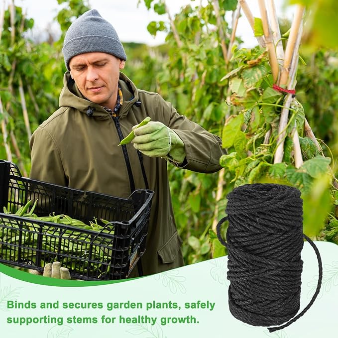 1-Pack Natural Jute Twine String, 4.5mm x 164ft/50m Long Garden Twine String for Crafts/Gift Wrapping/Gardening Plants, Durable Plant Ties Thick Rope [Black]