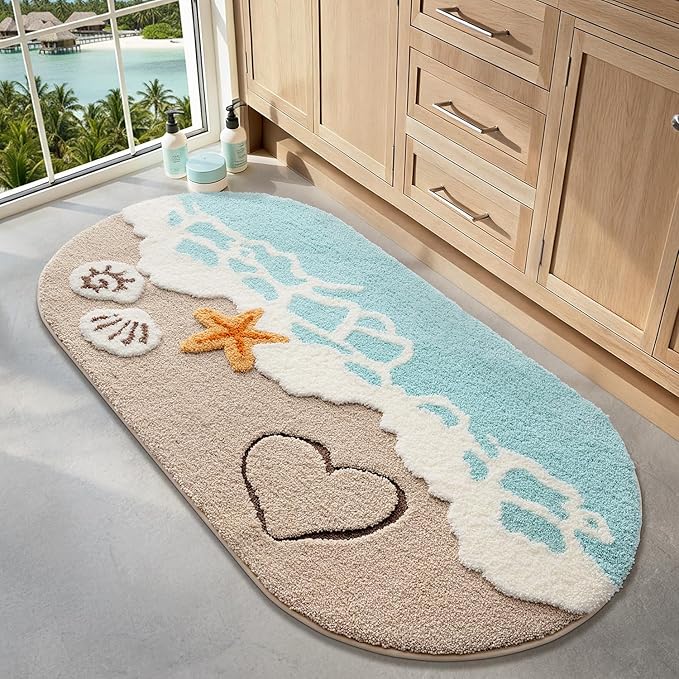 LUMI Extra Large Beach Bathroom Rugs, Non Slip Bath Mat Ultra Soft Washable Absorbent Quick Dry, Ocean Sea Theme Bath Rug with Starfish Shell for Shower Floor, Kitchen Decor, Kids Room, 30"x60"