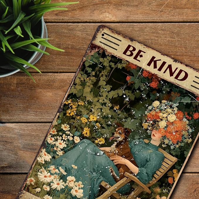 Garden Vintage Sign"Be Kind To Your Mind "Vintage Tin Sign Wall Art Girl and Flower Metal Decor For Women Home Office Living Room (20cm*30cm) (5)
