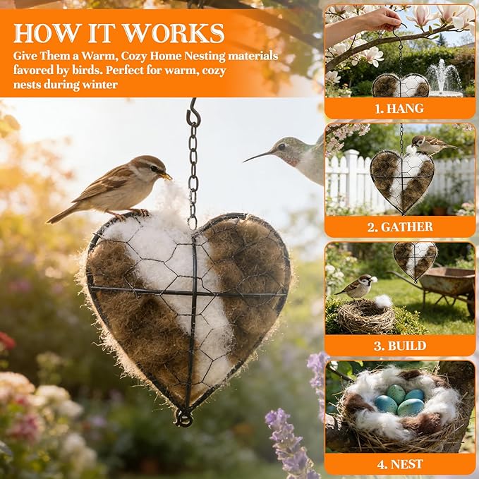 Handmade Alpaca Fiber Bird Nesting Heart, Birds Nests Material Holder, Winter Tree Shelter for Wild Bird, Hummingbird Houses Nest Boxes Gifts for Outside Garden Art Birdhouse, Birds Lovers