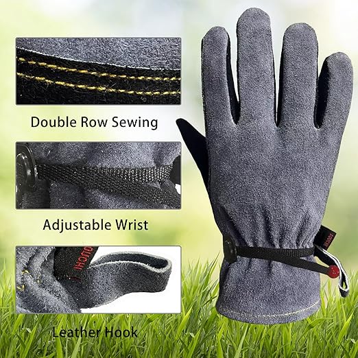 Leather Work Gloves for Women with Cotton Lining, Thorn Proof Gardening Gloves for TIG/MIG Welding, Construction (Black, Large)