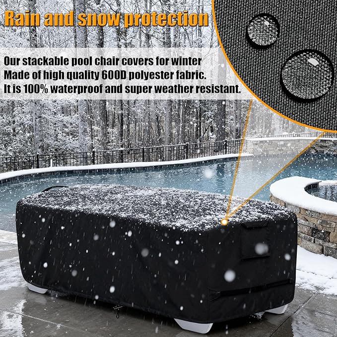 Outdoor Lounge Chair Covers for 4-6 Stackable Patio Chaise Lounge Chairs, Waterproof, Durable Polyester Fabric 80 x 32 x 40 Inch Pool lounge chair covers for Winter Storage (Black)