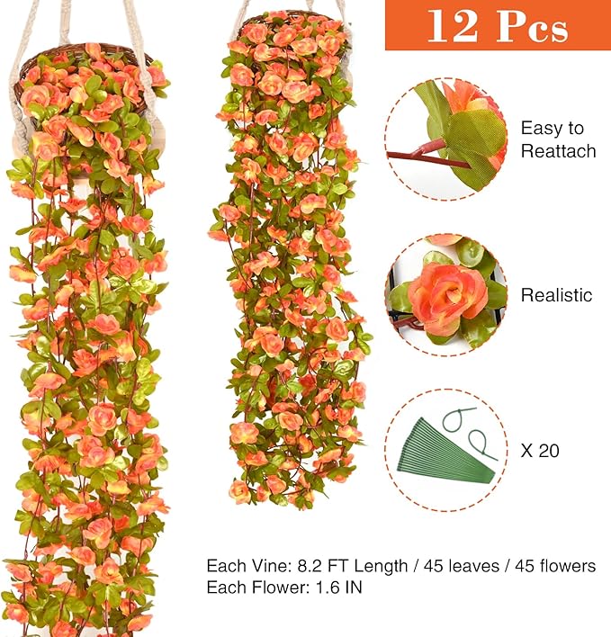 BLEUM CADE 12Pcs 98.4Ft Flowers Garland Artificial Rose Vines for Bedroom, Cute Fake Hanging Flower Vines Floral Garland Decorations for Wedding Party Wall Room Decor Aesthetic