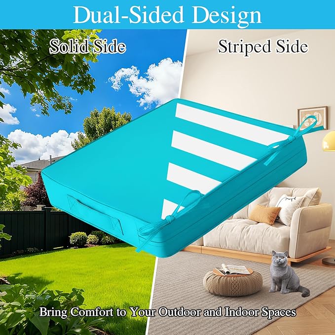 Amagenix Outdoor Chair Cushions Set of 2, 20"x18"x3" Waterproof Outdoor Seat Cushions for Patio Furniture, Stripe Reversible Patio Cushions with Ties & Handle & Hidden Zipper, Fade-Resistant,Teal