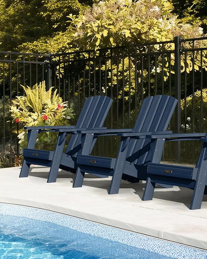 Folding Adirondack Chair 2 Pack, HDPE All-Weather Fire Pit Chairs, Plastic Adirondack Chairs with 2 Cup Holder, Outdoor Lawn Chair for Patio Garden (Navy Blue)