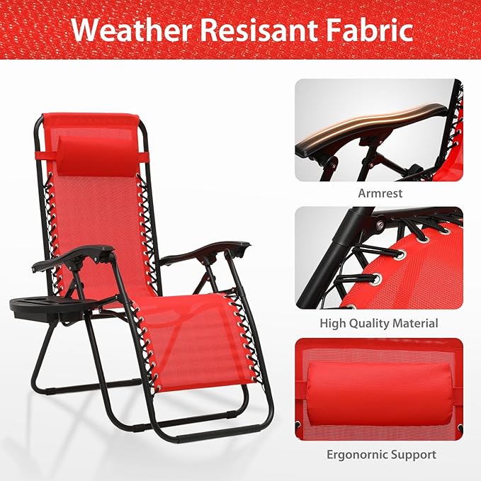 Zero Gravity Chairs, Portable Folding Reclining Lounge Chairs with Adjustable Pillow and Cup Holder Trays for Outdoor, Patio, Beach, Camping, Garden, Poolside, Sun Red
